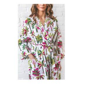 Women's Printfresh White Pink Palm Tree Monkey Robe M
